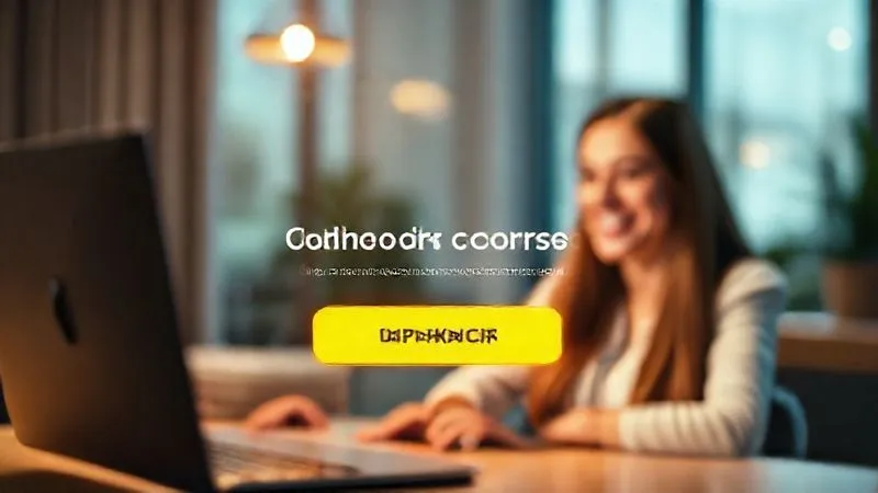 A photorealistic image of a vibrant, compelling call-to-action button glowing on a sleek, modern landing page, with a blurred background of a happy person successfully using an online course. Cinematic lighting, sharp focus on the CTA, depth of field blurring the background. 8K hyper-detailed, professional photography, shot on a high-end DSLR.