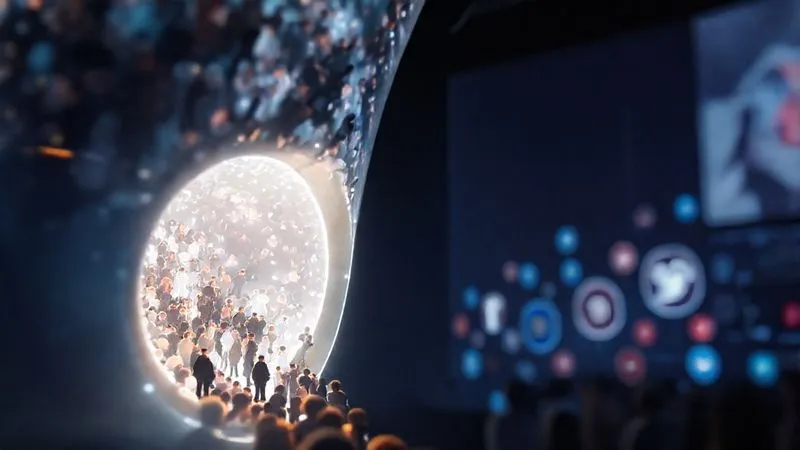 Photorealistic, professional photography, 8K, cinematic lighting, sharp focus, depth of field, shot on a high-end DSLR. A conceptual funnel made of glowing light, with a diverse crowd of people entering the wide top and a smaller, more refined group of professionals emerging from the narrow bottom, symbolizing the conversion of followers to clients. The funnel should be set against a subtly blurred digital background with social media icons.