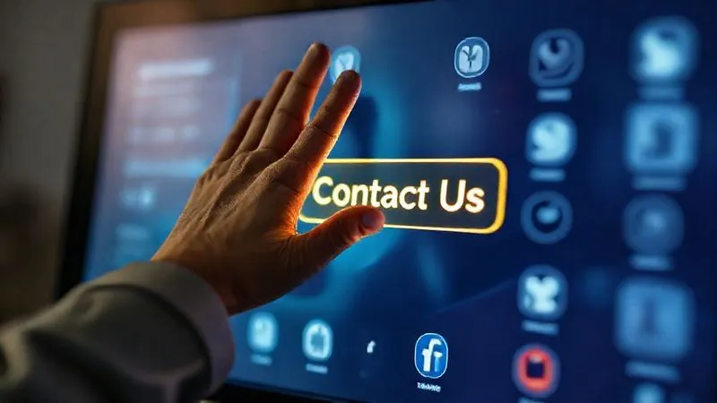 Photorealistic, professional photography, 8K, cinematic lighting, sharp focus, depth of field, shot on a high-end DSLR. A hand gently guiding a glowing arrow on a digital screen towards a 'Contact Us' button, surrounded by subtle social media icons. The overall mood is helpful and inviting, not aggressive or salesy. Soft, warm lighting.