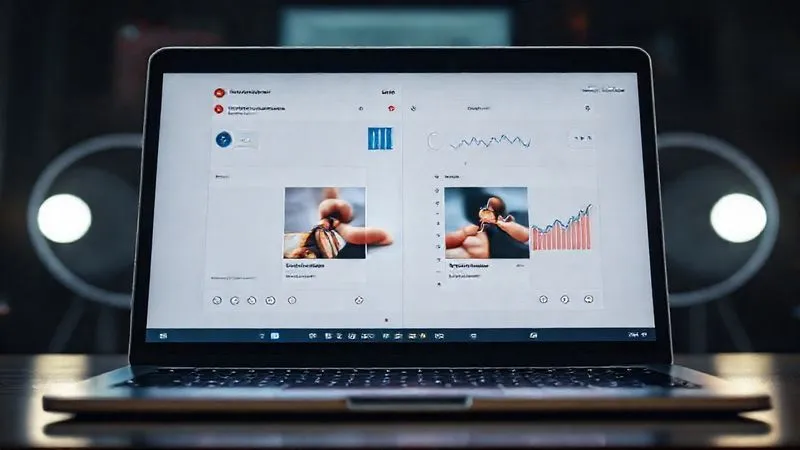 Photorealistic, professional photography, 8K, cinematic lighting, sharp focus, depth of field, shot on a high-end DSLR. A split screen view, with two slightly different versions of a social media post (e.g., different CTA buttons or images) side-by-side on a laptop screen, with analytical charts and graphs overlaid, symbolizing A/B testing and data optimization. The lighting is bright and analytical.