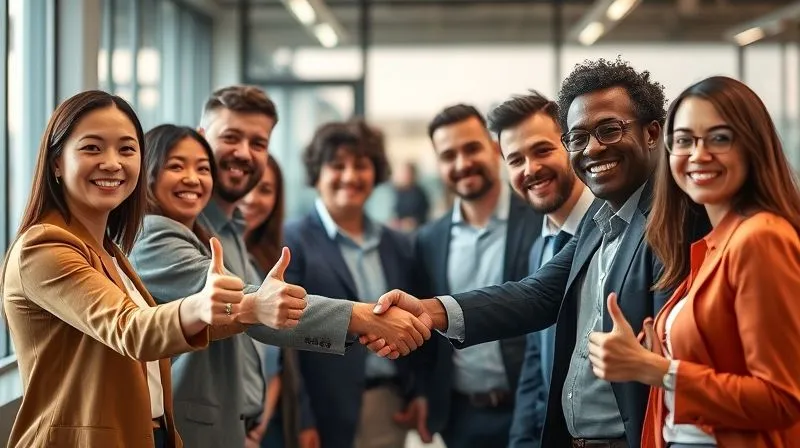 A photorealistic image of a diverse group of happy, smiling clients (diverse ages, ethnicities) giving a thumbs-up or shaking hands with a professional freelancer in a modern, brightly lit office setting. Overlaid subtly are icons of testimonials, five-star reviews, and positive feedback bubbles, creating a sense of trust and success. Cinematic lighting, sharp focus on the interaction, depth of field blurring the background, 8K, professional photography, shot on a high-end DSLR.