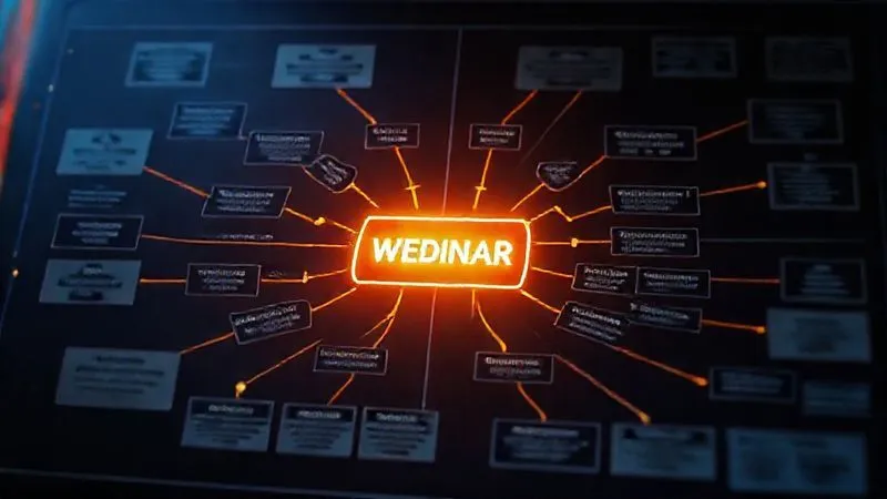 A photorealistic image of a complex sales funnel flowchart, with a central glowing "webinar" node, showing clear pathways from lead generation to conversion. Cinematic lighting, sharp focus, 8K, depth of field.