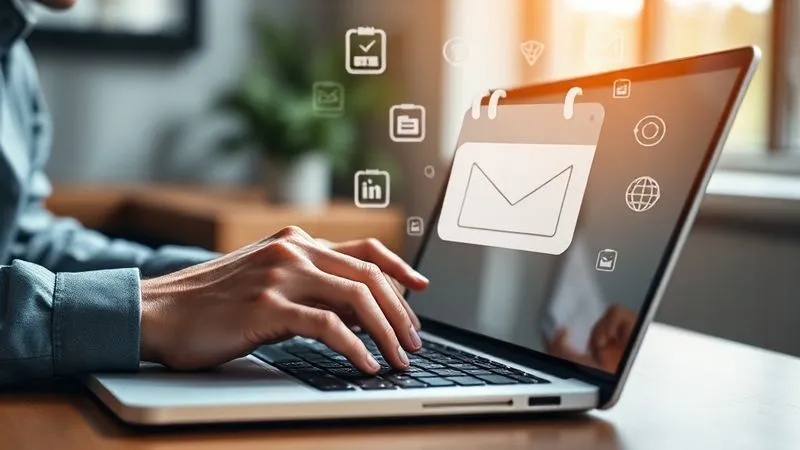 A photorealistic image of a freelancer typing an email on a laptop, with a calendar reminder and digital product icons in the background, symbolizing strategic follow-up. Cinematic lighting, professional setting, 8K, sharp focus.