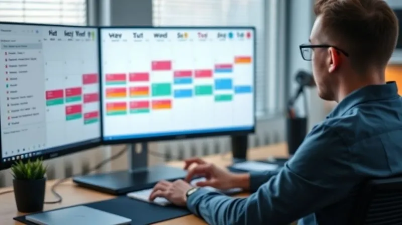 A photorealistic image of a freelancer's desk with a meticulously organized calendar on a monitor, showing color-coded time blocks for different tasks. A focused individual is seen working calmly. Cinematic lighting, sharp focus on the calendar and desk, depth of field blurring the background. 8K hyper-detailed, professional photography.