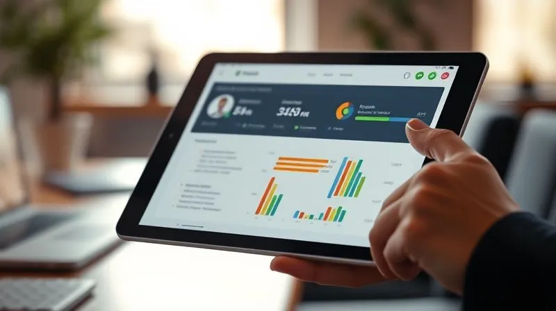 A photorealistic close-up of a freelancer's hand interacting with a sleek, modern project management software interface on a tablet, showcasing organized tasks and progress bars. The background is a softly blurred office environment. Cinematic lighting, sharp focus on the tablet screen and hand, depth of field. 8K hyper-detailed, professional photography.