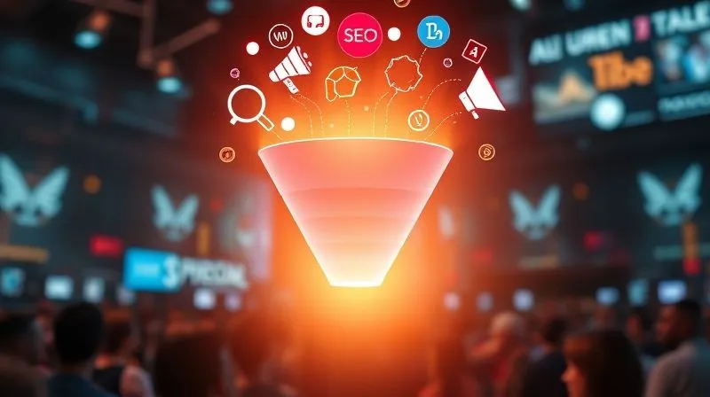 A photorealistic image of a digital funnel glowing with light, with various icons representing different traffic sources (a magnifying glass for SEO, a loudspeaker for ads, a handshake for partnerships, social media logos) flowing into the top. The funnel leads to a stylized representation of a target audience. Cinematic lighting, sharp focus, depth of field, 8K hyper-detailed, shot on a high-end DSLR.