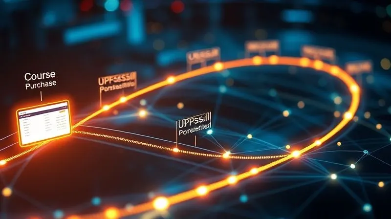 A photorealistic image of a seamless digital customer journey. A glowing path starts from a course purchase, branches into upsell/cross-sell opportunities, and then loops back into loyalty programs and community engagement, all within a vibrant, interconnected network. Cinematic lighting, sharp focus on the journey, depth of field, 8K hyper-detailed, shot on a high-end DSLR.