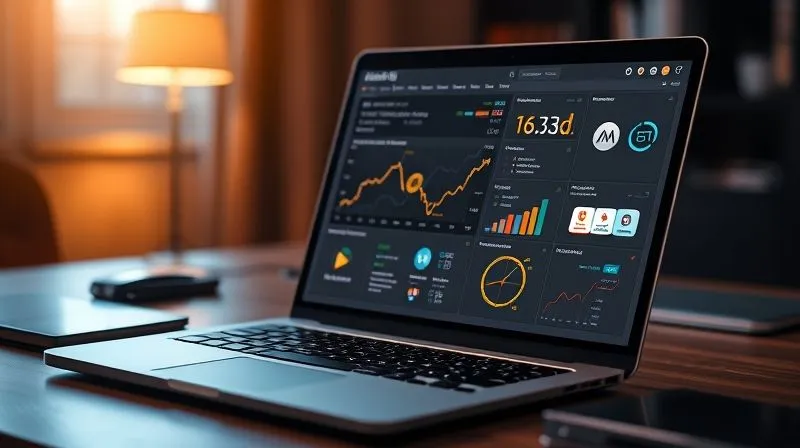 A photorealistic image of a freelancer's desk with a laptop displaying a complex, yet organized, digital dashboard. Various software logos are subtly integrated into the screen, representing email marketing, course platforms, and analytics tools, all interconnected by glowing lines. Cinematic lighting, sharp focus on the screen, depth of field, 8K hyper-detailed, shot on a high-end DSLR.