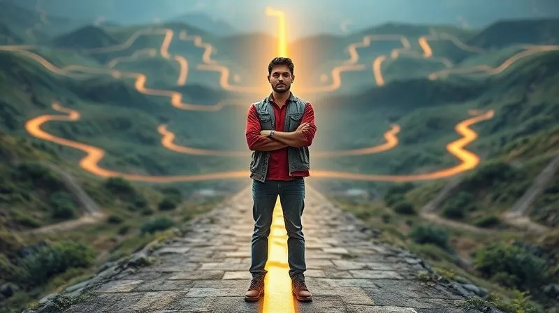 A photorealistic image of a freelancer standing confidently at a crossroads in a digital landscape, with various complex pathways (representing challenges) behind them, and a clear, illuminated path (representing a streamlined funnnel) ahead. The freelancer has a determined expression. Cinematic lighting, sharp focus on the freelancer and path, depth of field, 8K hyper-detailed, shot on a high-end DSLR.