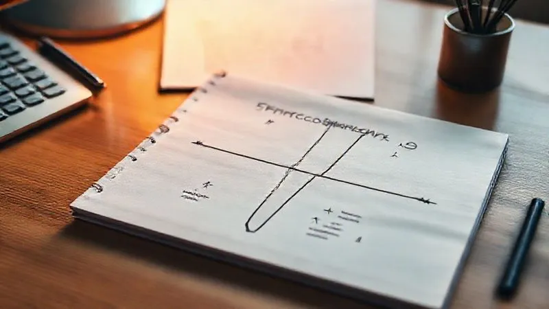 A photorealistic, professional photography, 8K, cinematic lighting, sharp focus, depth of field, shot on a high-end DSLR, showing a freelancer's desk with a notepad open to a hand-drawn SWOT analysis matrix. The 'Strengths' quadrant is brightly lit, while 'Weaknesses' has a challenging feel, 'Opportunities' shows upward arrows, and 'Threats' has small warning signs. The overall mood is thoughtful and strategic.