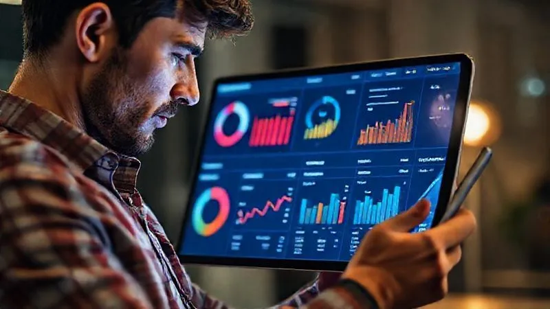 A photorealistic, professional photography, 8K, cinematic lighting, sharp focus, depth of field, shot on a high-end DSLR, showing a freelancer looking at a digital dashboard on a tablet, displaying various key performance indicators (KPIs) like revenue, client satisfaction, and project completion rates, with a thoughtful and analytical expression, symbolizing monitoring and strategic adaptation.