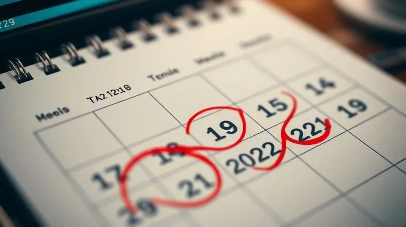 A photorealistic close-up of a calendar with several dates circled in red and green, depicting the unpredictable nature of project deadlines and payments for a freelancer. Cinematic lighting, sharp focus on the calendar, depth of field blurring a laptop in the background. 8K hyper-detailed, professional photography, shot on a high-end DSLR.