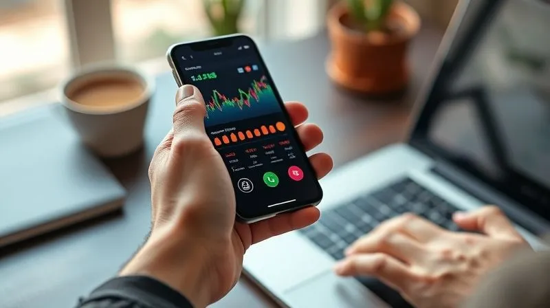 A photorealistic image of a freelancer's hand holding a smartphone displaying a financial app with colorful charts and graphs, while the other hand types on a laptop keyboard. Cinematic lighting, sharp focus on the phone screen and hands, depth of field blurring the background home office. 8K hyper-detailed, professional photography, shot on a high-end DSLR.