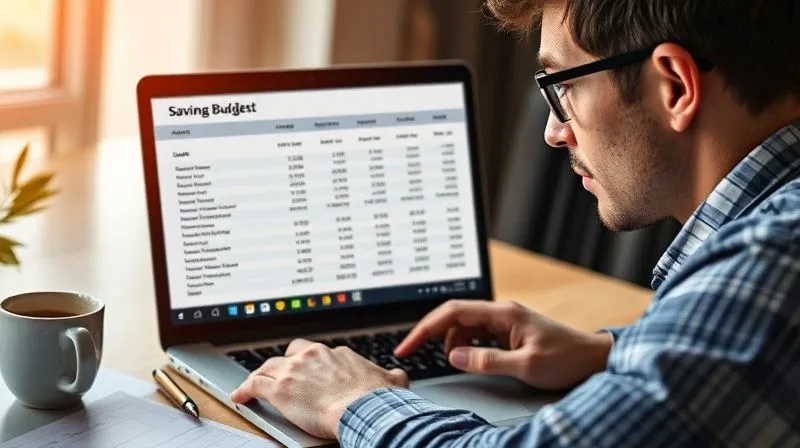 A photorealistic image of a freelancer looking thoughtfully at a financial spreadsheet on a laptop, with a cup of coffee and a pen nearby. The screen shows detailed budget categories and savings goals. Cinematic lighting, sharp focus on the laptop screen and the freelancer's face, depth of field blurring the background. 8K hyper-detailed, professional photography, shot on a high-end DSLR.