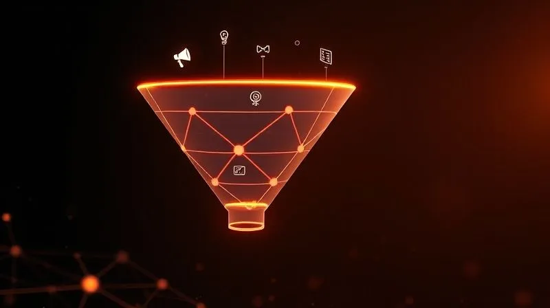 A photorealistic, professional photography, 8K, cinematic lighting, sharp focus, depth of field, shot on a high-end DSLR, showing a stylized, glowing digital marketing funnel, segmented into four distinct stages (Awareness, Consideration, Conversion, Retention) represented by interconnected geometric shapes. Each stage has subtle icons representing associated activities (e.g., a megaphone for Awareness, a handshake for Conversion). The funnel is set against a dark, abstract background with subtle light trails, symbolizing data flow and progress. The overall mood is one of clarity and strategic organization.