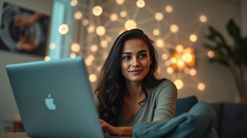 A photorealistic, professional photography, 8K, cinematic lighting, sharp focus, depth of field, shot on a high-end DSLR, depicting a freelancer woman, Lúcia, looking confidently at her laptop screen, which displays a clear, organized project management dashboard. Her face shows satisfaction and control. In the background, a subtle, glowing network of connections and client logos is visible, symbolizing her expanded and stable client base, reinforcing the idea of a predictable workflow. The overall ambiance is one of success and calm productivity.
