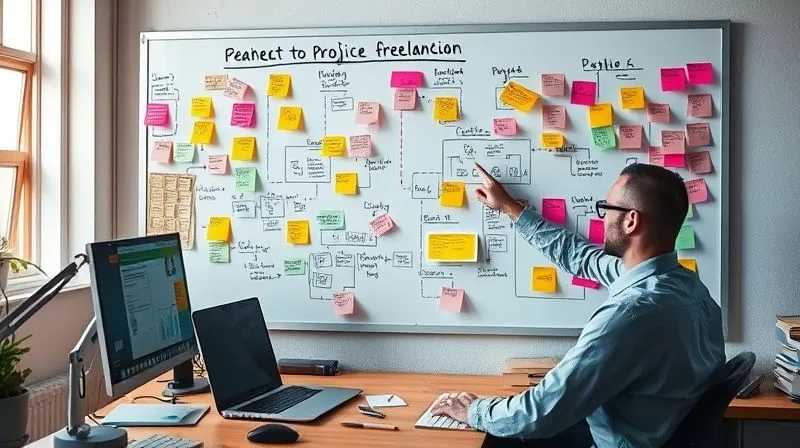 A photorealistic image of a freelancer's desk with a whiteboard covered in colorful sticky notes and flowcharts, illustrating project workflow steps. The freelancer is pointing to a specific bottleneck on the board. Cinematic lighting, sharp focus, 8K hyper-detailed, professional photography, shot on a high-end DSLR.