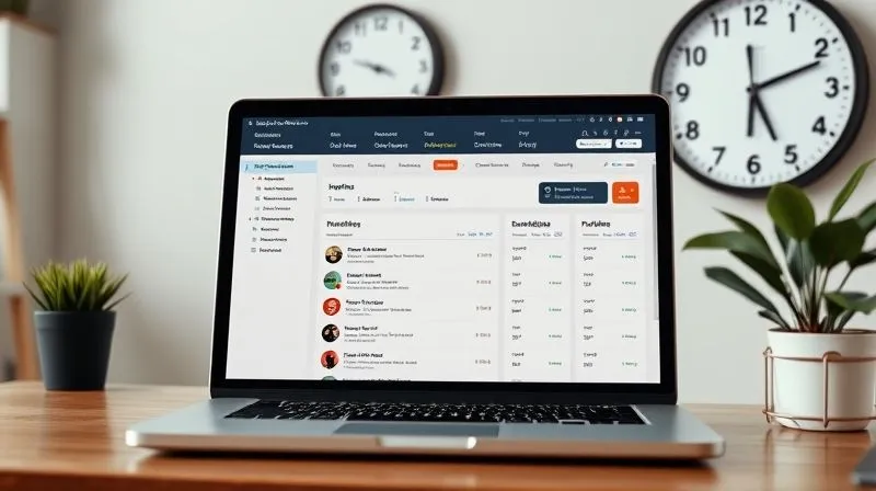 A photorealistic image of a freelancer's dashboard on a laptop, showing a project management tool with tasks clearly prioritized and deadlines met. A clock on the wall indicates efficient time management. Cinematic lighting, sharp focus, 8K hyper-detailed, professional photography, shot on a high-end DSLR.