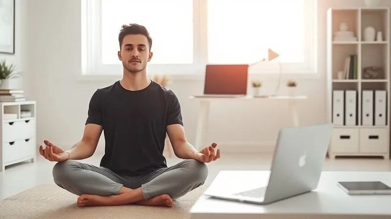 A photorealistic image of a freelancer meditating calmly in a bright, minimalist home office, with a laptop and organized desk in the background, symbolizing mental clarity and work-life balance. Soft, natural lighting, sharp focus, 8K hyper-detailed, professional photography, shot on a high-end DSLR.