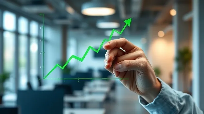 A photorealistic image of a person's hand drawing a complex, upward-trending ROI graph on a transparent screen, overlaid on a blurred background of a modern office. The graph is vibrant green, symbolizing growth and success. Cinematic lighting, sharp focus on the hand and graph, depth of field, 8K hyper-detailed, professional photography.