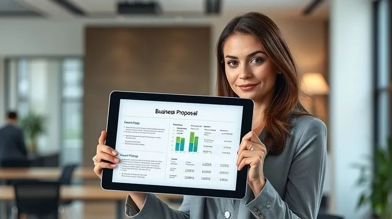 A photorealistic image of a professional woman, a digital consultant, holding a tablet displaying a compelling business proposal with clear financial projections and a strong value proposition. She is making eye contact, conveying confidence and expertise. The background is a modern, minimalist office. Cinematic lighting, sharp focus, depth of field, 8K hyper-detailed, professional photography.
