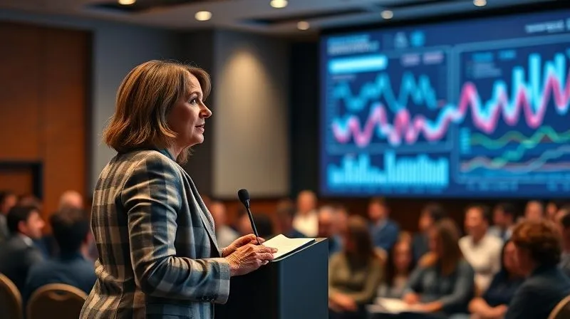 A photorealistic image of a digital consultant, a woman in her 40s with a confident and authoritative demeanor, speaking at a professional conference. She is at a podium, with a large screen behind her displaying a complex but elegant data visualization. The audience is engaged, taking notes. Cinematic lighting, sharp focus on the speaker, depth of field blurring the audience, 8K hyper-detailed, professional photography.