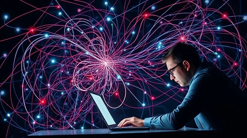 A photorealistic image of a complex, tangled web of digital wires representing a broken sales funnel, with a frustrated person (freelancer) looking at a laptop screen, cinematic lighting, sharp focus, 8K, professional photography.