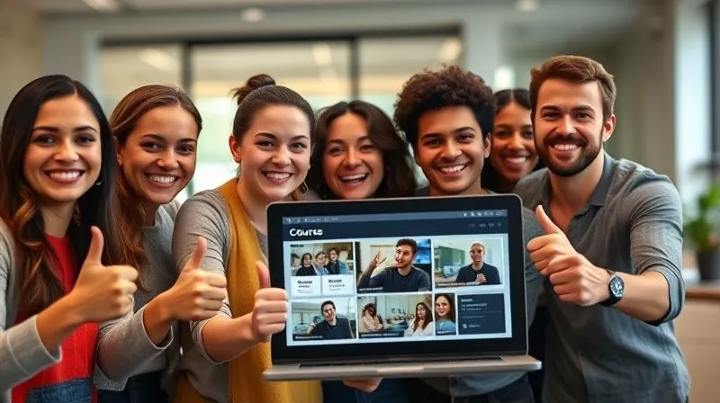 A photorealistic image of a diverse group of smiling, successful individuals (representing students) giving thumbs up, with a blurred background of a laptop screen showing an online course platform, cinematic lighting, sharp focus on the faces, 8K, professional photography.