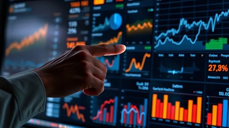 A photorealistic image of a data analyst's hand pointing at a complex dashboard displaying various sales metrics and conversion rates, with glowing lines indicating trends, cinematic lighting, sharp focus on the screen, 8K, professional photography.