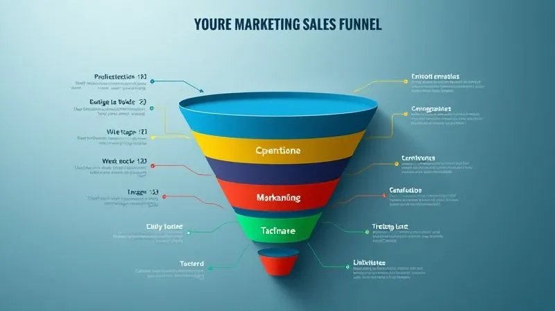 A photorealistic diagram of a marketing sales funnel, with different stages clearly labeled and distinct infographic styles flowing through each stage, 8K, cinematic lighting.