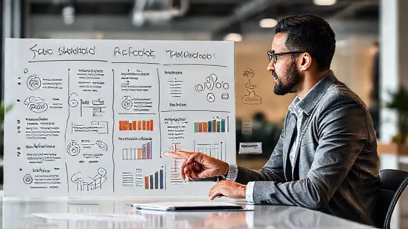A photorealistic image of two diverse professionals, a designer and a client, sitting at a modern desk, intensely focused on a whiteboard filled with interconnected business goals and design KPIs. They are actively discussing and pointing at specific metrics, with a sense of collaborative strategy and clear objectives. The background is a blurred, contemporary office, emphasizing their focused interaction. Cinematic lighting highlights their faces and the whiteboard, with sharp focus.