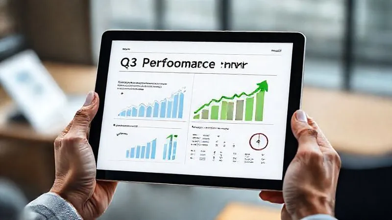 A photorealistic image of a professional, minimalist business report displayed on a tablet screen, showing clear, positive trends in graphs and key performance indicators. The report is open to a page titled 'Q3 Performance Review' with a prominent green upward arrow. The tablet is held in hands, with a blurred office background, suggesting a client reviewing the successful outcomes of a design project. Cinematic lighting, sharp focus on the report, depth of field.