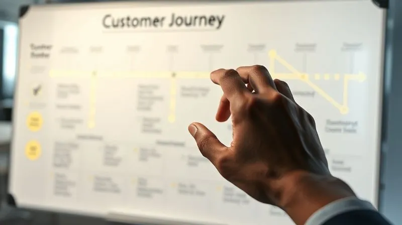 Photorealistic, professional photography, 8K, cinematic lighting, sharp focus, depth of field. A detailed customer journey map on a digital whiteboard, with glowing lines connecting various touchpoints. A hand (diverse, professional) points to a specific optimization opportunity. The scene is in a modern, minimalist office.
