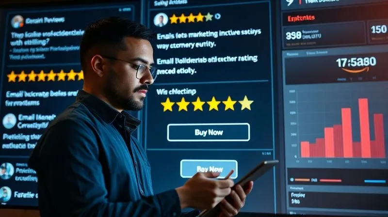 Photorealistic, professional photography, 8K, cinematic lighting, sharp focus, depth of field. A digital screen displaying customer testimonials and product reviews with star ratings, overlaid with email marketing sequences flowing towards a 'buy now' button. A freelancer is analyzing conversion metrics on a tablet, looking thoughtful.