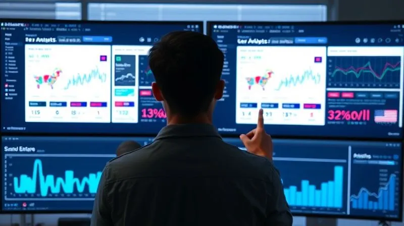 Photorealistic, professional photography, 8K, cinematic lighting, sharp focus, depth of field. A split screen showing two different versions of an e-commerce product page (A and B). Analytics dashboards with graphs and charts are visible in the background, illustrating conversion rates and user behavior. A freelancer is pointing at the screen, analyzing the results.