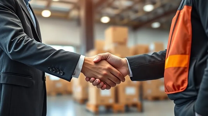 photorealistic image of a business person shaking hands with a logistics manager, a small stack of shipping boxes in the background, professional setting, cinematic lighting, 8K, depth of field