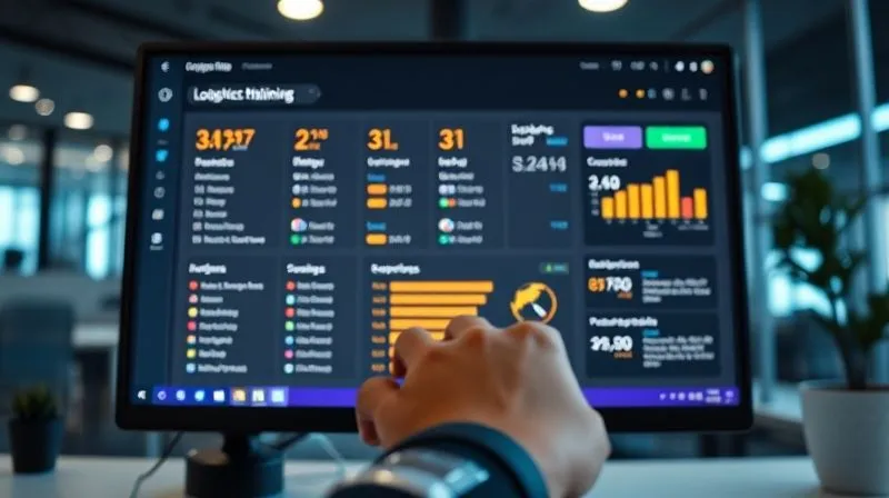 photorealistic image of a computer screen displaying a logistics dashboard with various shipping options and prices, a freelancer's hand hovering over a mouse, modern office setting, 8K, cinematic lighting, sharp focus