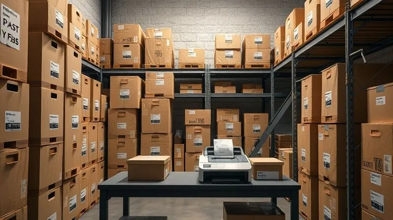 photorealistic image of a small, organized home warehouse or storage unit filled with neatly stacked boxes, a label printer on a table, soft industrial lighting, 8K, sharp focus