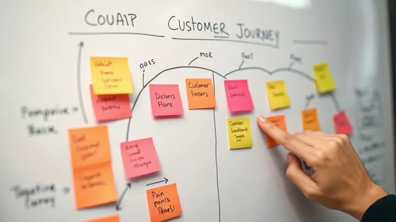 Photorealistic image of a detailed customer journey map on a whiteboard, with sticky notes representing different touchpoints and emotional curves, a hand pointing to a 'pain point'. Professional photography, 8K, cinematic lighting, sharp focus, depth of field, shot on a high-end DSLR.