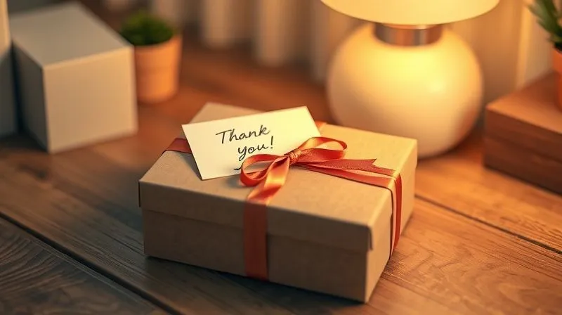 Photorealistic image of a neatly packaged e-commerce product box, with a handwritten thank-you note and a small, elegant ribbon, placed on a wooden desk with soft, inviting lighting. Professional photography, 8K, cinematic lighting, sharp focus, depth of field, shot on a high-end DSLR.