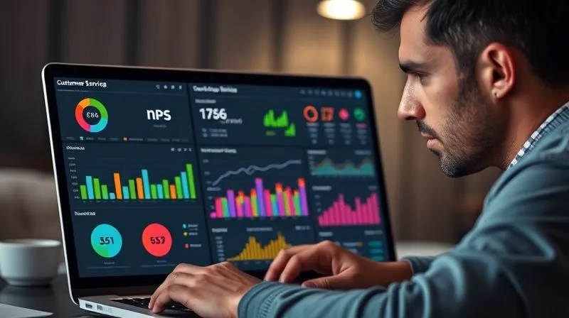 Photorealistic image of a freelancer analyzing a dashboard with various customer service metrics (NPS, CSAT, FCR graphs) on a laptop screen, with a thoughtful expression. Professional photography, 8K, cinematic lighting, sharp focus, depth of field, shot on a high-end DSLR.