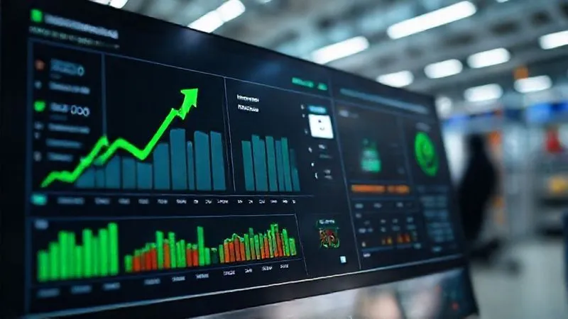 A photorealistic image of a digital dashboard displaying financial metrics, with a prominent green upward arrow indicating accelerated cash flow and a calendar showing reduced payment cycles. The interface is clean and modern, with data visualizations that are easy to understand. Cinematic lighting, sharp focus on the dashboard, depth of field blurring a subtle background of a busy e-commerce operation, 8K hyper-detailed, professional photography.