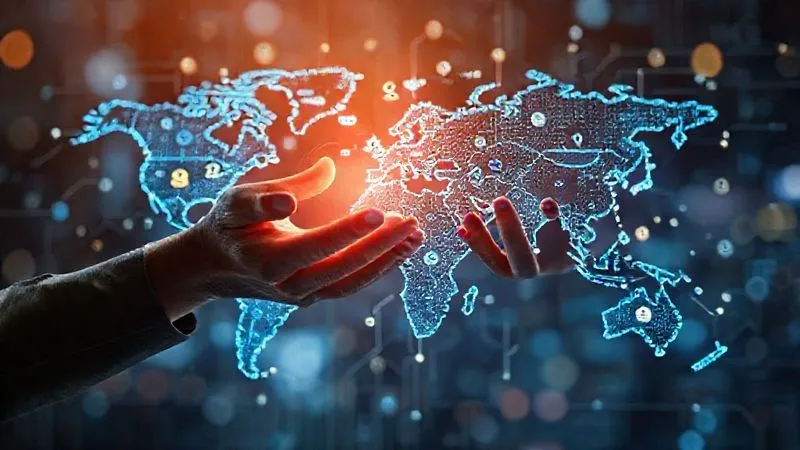 A photorealistic image of a world map made of interconnected digital circuits, with various currency symbols floating around. Hands are interacting with a holographic interface showing optimized currency exchange rates and fast international payment routes. Cinematic lighting, sharp focus on the digital map and hands, depth of field blurring the background, 8K hyper-detailed, professional photography.