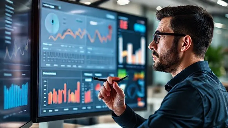 A photorealistic image of a freelancer analyzing a dynamic financial dashboard on a large monitor, with various graphs and charts showing cost reduction and payment acceleration trends. The freelancer has a thoughtful expression, with a pen in hand, suggesting strategic planning. Cinematic lighting, sharp focus on the dashboard and the freelancer's face, depth of field blurring the background of a modern office, 8K hyper-detailed, professional photography.