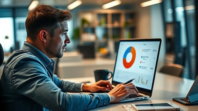 A photorealistic image of a person sitting at a desk, looking at a pie chart on a laptop screen that visually breaks down their time usage. The person has a thoughtful, slightly surprised expression, holding a pen. The office is modern and well-organized. Cinematic lighting, sharp focus on the person and screen, depth of field. 8K hyper-detailed, professional photography, shot on a high-end DSLR.