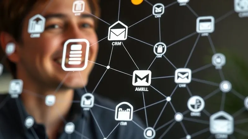 A photorealistic image of a complex but elegant network of digital connections flowing between various software icons (representing CRM, Project Management, Email, Calendar) on a screen. The connections are glowing, symbolizing seamless automation. In the background, a person (out of focus) is smiling, relaxed. Cinematic lighting, sharp focus on the digital network, depth of field. 8K hyper-detailed, professional photography, shot on a high-end DSLR.