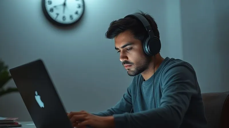 A photorealistic image of a person in a state of deep concentration, perhaps wearing noise-cancelling headphones, working on a laptop in a minimalist, quiet environment. The lighting is soft and focused on the individual, creating an aura of intense focus. A subtle clock on the wall indicates a specific block of time. Cinematic lighting, sharp focus on the person's expression, depth of field. 8K hyper-detailed, professional photography, shot on a high-end DSLR.