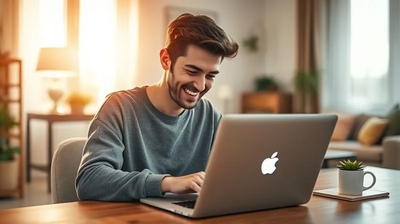 A photorealistic image of a freelancer closing a laptop at the end of the day, with soft, warm light filling a home office. The person looks content and relaxed, perhaps stretching or smiling. There's a clear distinction between the workspace and a cozy, inviting living space in the background, symbolizing work-life balance. Cinematic lighting, sharp focus on the person and the laptop, depth of field. 8K hyper-detailed, professional photography, shot on a high-end DSLR.