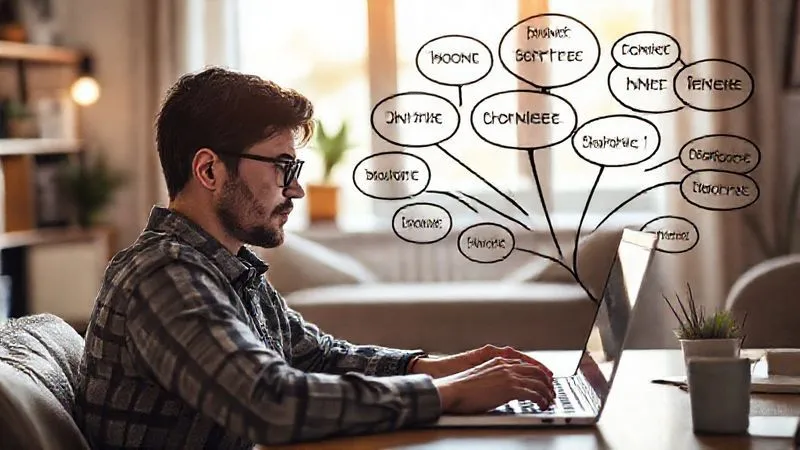 A photorealistic image of a digital marketing freelancer, focused, writing a blog post on a laptop, surrounded by thought bubbles containing keywords and content ideas. The setting is a cozy, modern home office with natural light. Cinematic lighting, sharp focus on the freelancer's face and laptop screen, depth of field, 8K hyper-detailed, professional photography, shot on a high-end DSLR.