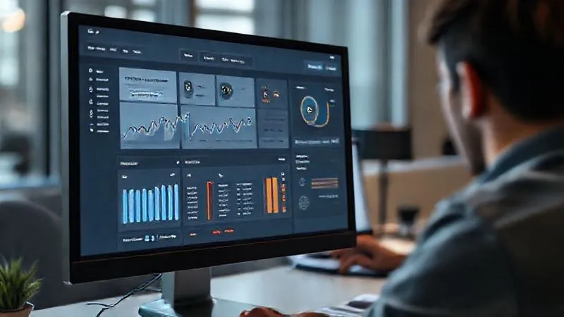 A photorealistic image of a sleek, modern email marketing dashboard on a computer screen, displaying analytics like open rates, click-through rates, and conversion funnels. In the background, a person is subtly visible, working in a professional setting. Cinematic lighting, sharp focus on the dashboard, depth of field, 8K hyper-detailed, professional photography, shot on a high-end DSLR.